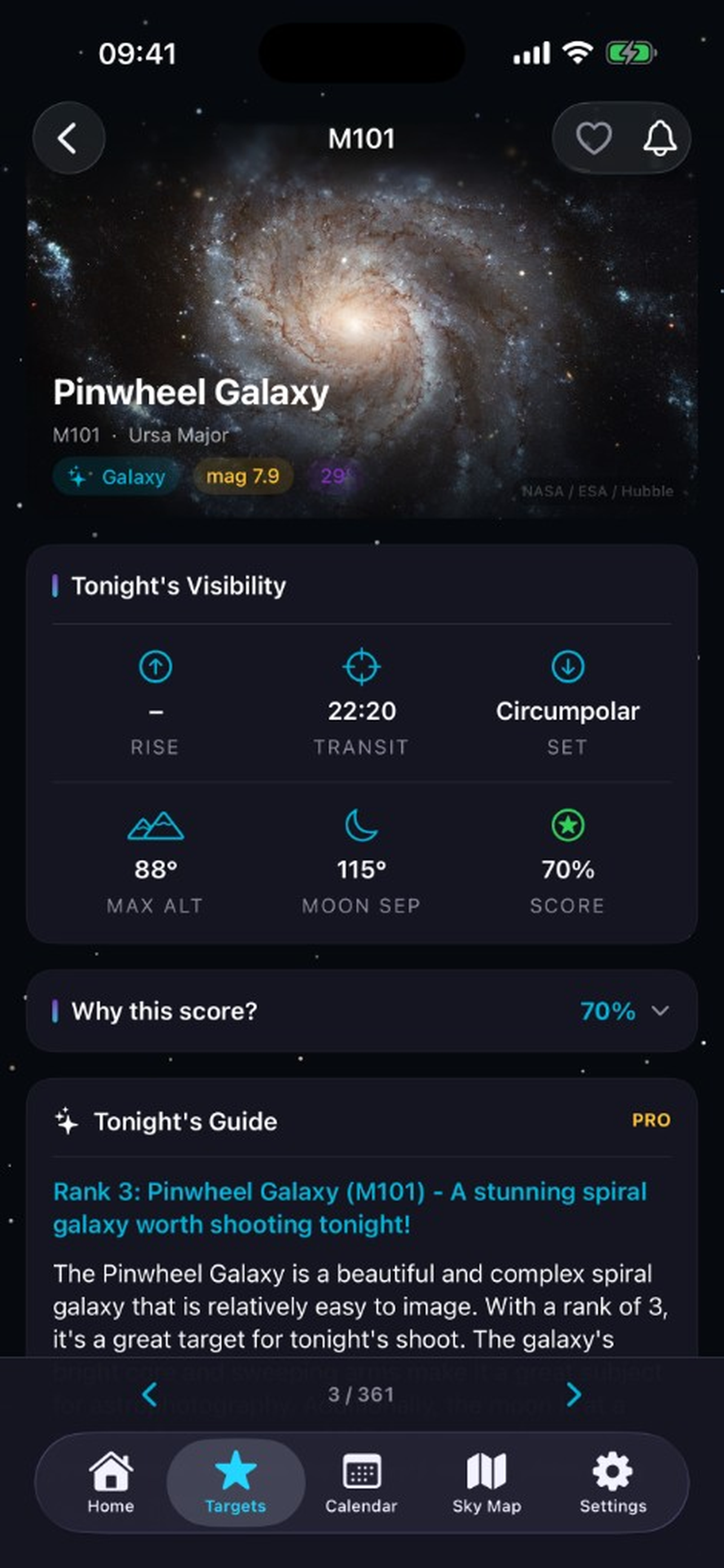 Target detail with visibility score and guide